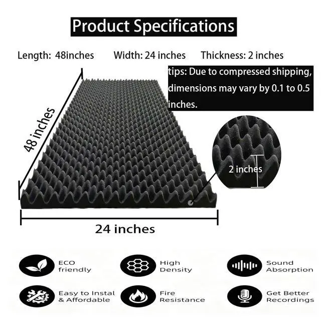 Alt view image 6 of 6 - Egg Crate Acoustic Foam Panel, 48"x24"x2", Black, 4-Pack | Sound Proof, For Walls/Recording Studios/KTV