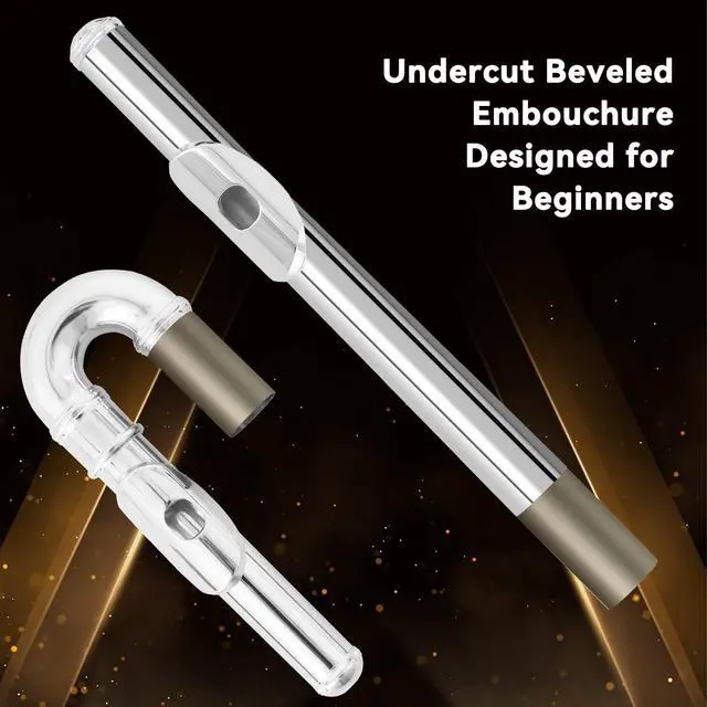 Alt view image 2 of 7 - Silver Plated C Flute Closed Hole 16 Keys Flute Instrument with Curved Head Joint Mouthpiece Replacement,Cleaning Kit,Stand,Carrying Case,Gloves,Tuning Rod for Beginners Kids Students