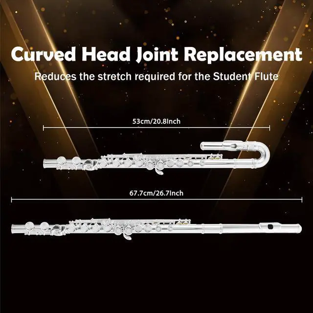Alt view image 3 of 7 - Silver Plated C Flute Closed Hole 16 Keys Flute Instrument with Curved Head Joint Mouthpiece Replacement,Cleaning Kit,Stand,Carrying Case,Gloves,Tuning Rod for Beginners Kids Students