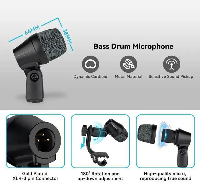 Alt view image 3 of 6 - M7 Wired Drum Microphone Kit,7-Piece Full Metal Dynamic Mic-Kick Bass Snare and Cymbals,Use for Drums Vocal Other Instrument Complete with Thread Clip Inserts Mics Holders,Carrying Case