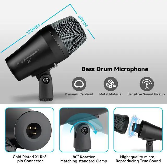 Alt view image 2 of 6 - M7 Wired Drum Microphone Kit,7-Piece Full Metal Dynamic Mic-Kick Bass Snare and Cymbals,Use for Drums Vocal Other Instrument Complete with Thread Clip Inserts Mics Holders,Carrying Case