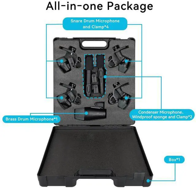 Alt view image 5 of 6 - M7 Wired Drum Microphone Kit,7-Piece Full Metal Dynamic Mic-Kick Bass Snare and Cymbals,Use for Drums Vocal Other Instrument Complete with Thread Clip Inserts Mics Holders,Carrying Case