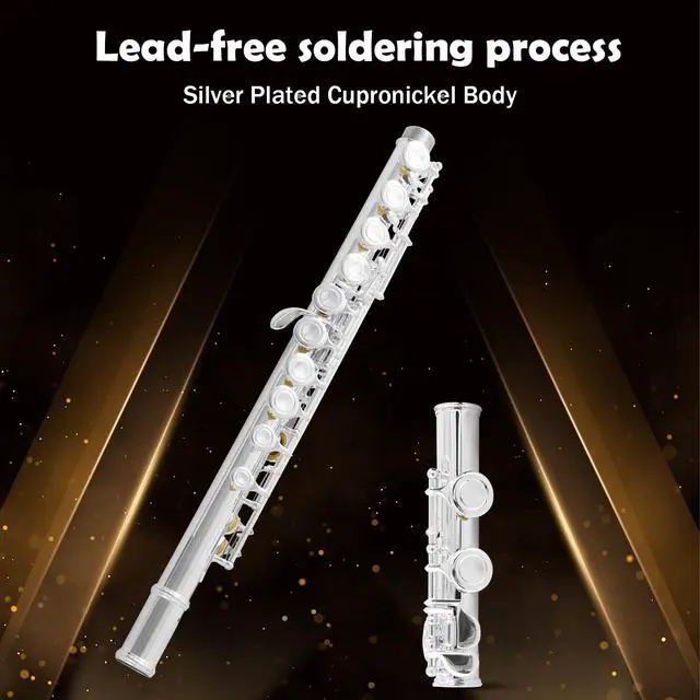 Alt view image 6 of 7 - Silver Plated C Flute Closed Hole 16 Keys Flute Instrument with Curved Head Joint Mouthpiece Replacement,Cleaning Kit,Stand,Carrying Case,Gloves,Tuning Rod for Beginners Kids Students