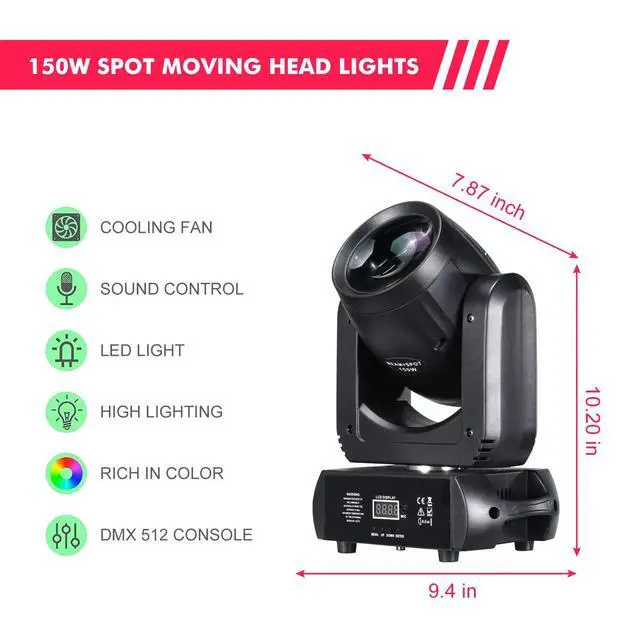 Alt view image 2 of 7 - Moving Head Light 150W Stage Lights 8 Gobos 8 Colors 12 Channels Beam Spotlights 18-Face Prism DMX 512 with Sound-Activated for Party Event Wedding DJ Lighting (1)
