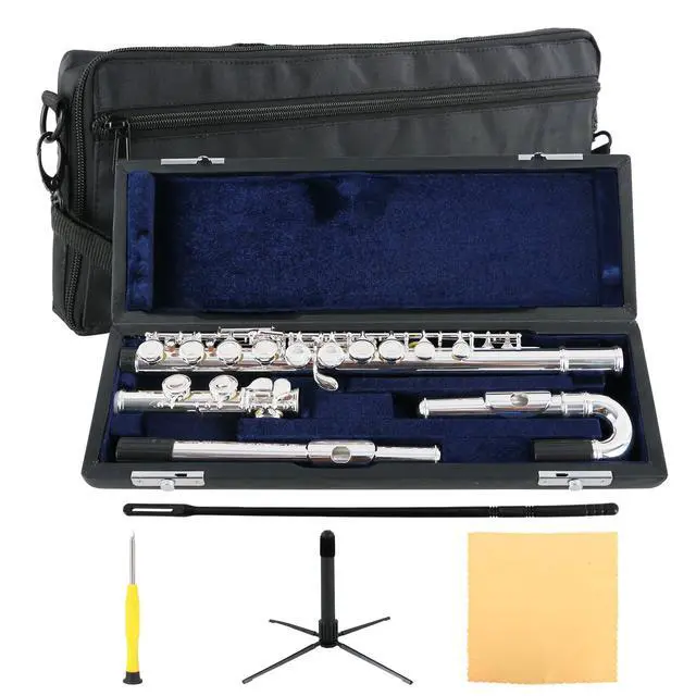 Alt view image 7 of 7 - Silver Plated C Flute Closed Hole 16 Keys Flute Instrument with Curved Head Joint Mouthpiece Replacement,Cleaning Kit,Stand,Carrying Case,Gloves,Tuning Rod for Beginners Kids Students