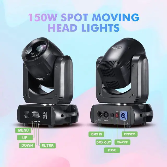 Alt view image 3 of 7 - Moving Head Light 150W Stage Lights 8 Gobos 8 Colors 12 Channels Beam Spotlights 18-Face Prism DMX 512 with Sound-Activated for Party Event Wedding DJ Lighting (1)