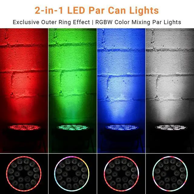 Alt view image 2 of 7 - Stage Par Lights for Party: Dual-Effect Ring LED Surrounded 180W RGBW Par Can - Metal Casing - Remote&DMX Control - DJ Event Planner Easy Setup for Wedding Band Live Show (2Pack)