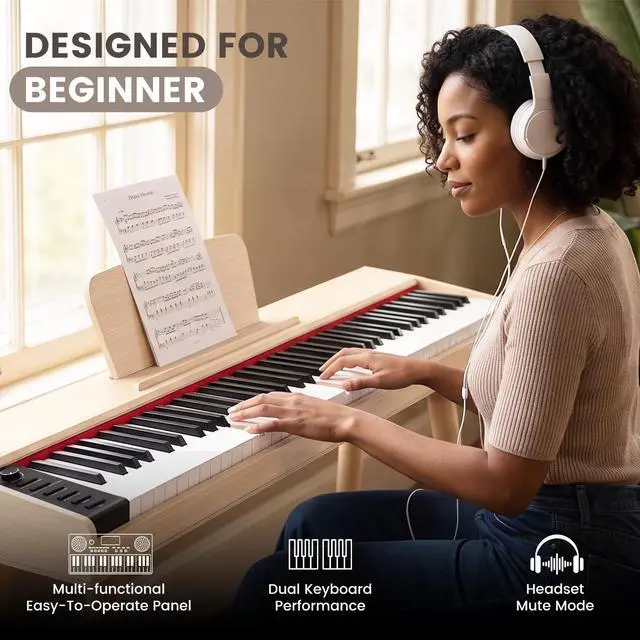 Alt view image 4 of 7 - Digital Piano 88 Key Semi Weighted Keyboard, Full-size Electric Piano for Beginners, Wooden Electric Keyboard with Sustain Pedal, Headphone, cover, Supports MIDI Connecting (Light Oak)