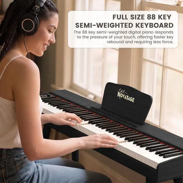 Alt view image 2 of 7 - Digital Piano 88 Key Semi Weighted Keyboard, Full-size Electric Piano for Beginners, Wooden Electric Keyboard with Sustain Pedal, Headphone, cover, Supports MIDI Connecting (Black)