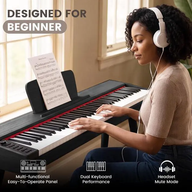 Alt view image 4 of 7 - Digital Piano 88 Key Semi Weighted Keyboard, Full-size Electric Piano for Beginners, Wooden Electric Keyboard with Sustain Pedal, Headphone, cover, Supports MIDI Connecting (Black)
