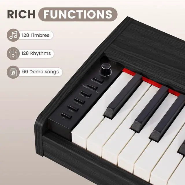 Alt view image 5 of 7 - Digital Piano 88 Key Semi Weighted Keyboard, Full-size Electric Piano for Beginners, Wooden Electric Keyboard with Sustain Pedal, Headphone, cover, Supports MIDI Connecting (Black)