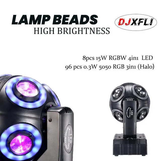 Alt view image 2 of 7 - Moving Head Stage Light with Halo Beam 8x15W LED Stage Lights RGBW 4in1 DJ Lights 360°Moving Head DMX Sound Activated for Club Wedding Show