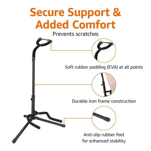 Alt view image 2 of 7 - Height Adjustable Foldable Guitar Stand with Secure Support, Padded Non-Slip Floor-Stand for Acoustic, Electric, Bass and Banjos, Portable Display-Stand, Black (Pack of 10)