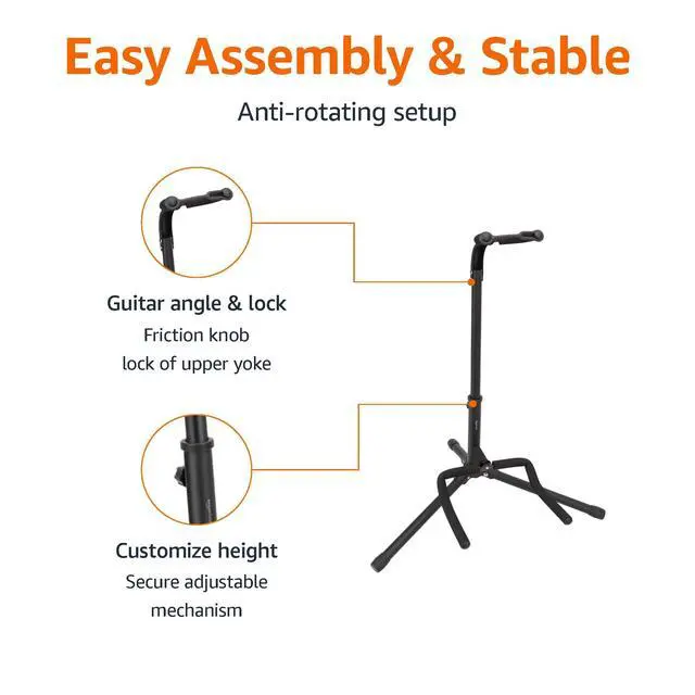 Alt view image 3 of 7 - Height Adjustable Foldable Guitar Stand with Secure Support, Padded Non-Slip Floor-Stand for Acoustic, Electric, Bass and Banjos, Portable Display-Stand, Black (Pack of 10)