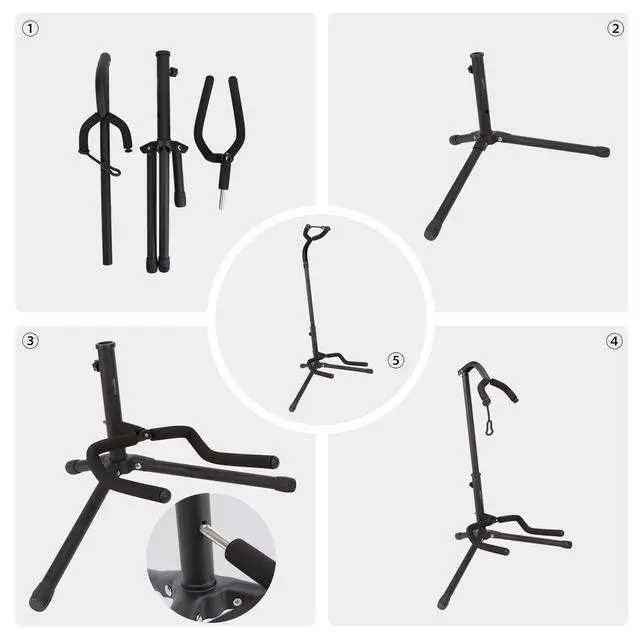 Alt view image 7 of 7 - Height Adjustable Foldable Guitar Stand with Secure Support, Padded Non-Slip Floor-Stand for Acoustic, Electric, Bass and Banjos, Portable Display-Stand, Black (Pack of 10)