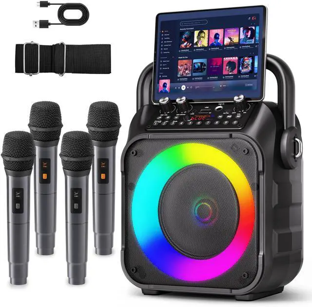 Main image of Karaoke Machine, Portable Bluetooth Speaker with 4 Wireless Microphones for Adults & Kids with Lights, Karaoke Microphone with PA System Supports USB/TF/FM/AUX for Home Party Home System Packages