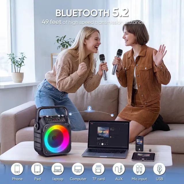 Alt view image 3 of 7 - Karaoke Machine, Portable Bluetooth Speaker with 4 Wireless Microphones for Adults & Kids with Lights, Karaoke Microphone with PA System Supports USB/TF/FM/AUX for Home Party Home System Packages