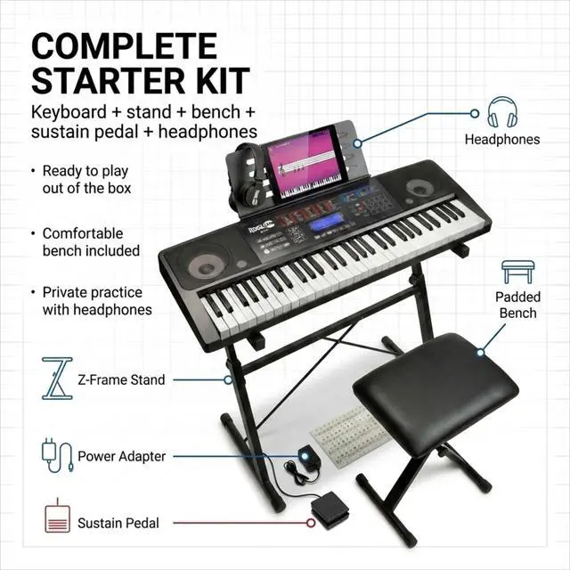 Alt view image 2 of 6 - RJ761 61 Key Keyboard Piano Kit, Stand, Stool, Sustain & Headphones | Beginner electric keyboard piano set with touch display, sustain pedal and Simply Piano lessons for kids and adults