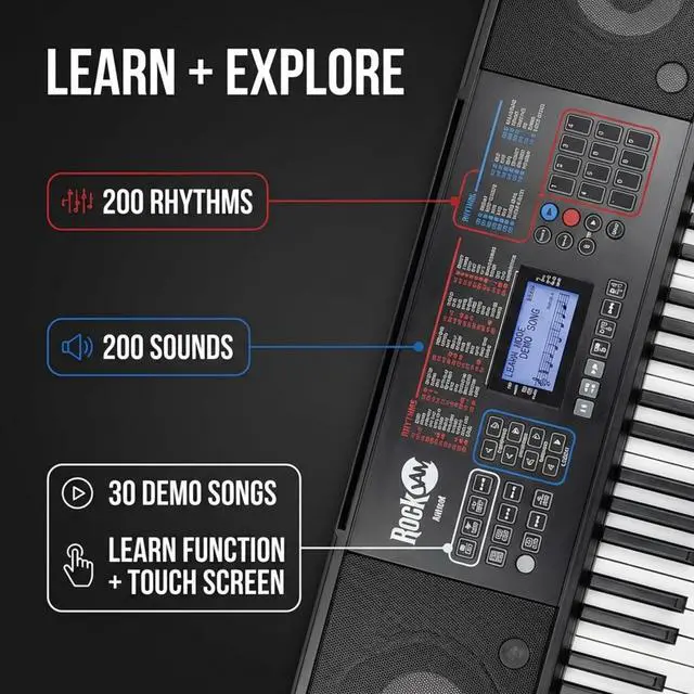 Alt view image 4 of 6 - RJ761 61 Key Keyboard Piano Kit, Stand, Stool, Sustain & Headphones | Beginner electric keyboard piano set with touch display, sustain pedal and Simply Piano lessons for kids and adults