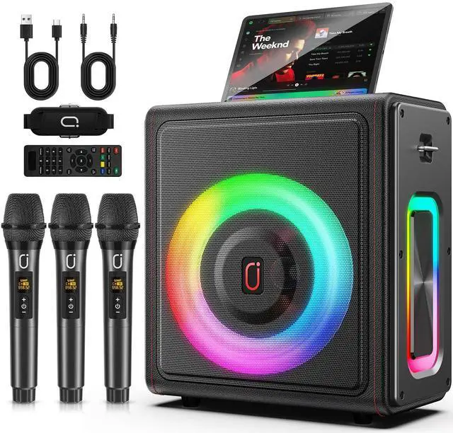 Main image of Karaoke Machine, Portable Bluetooth 5.3 Speaker with 3 Wireless Microphones for Adults, 300W Retro Leather PA System with Pitch Correction, Supports TV/TWS/TF Card/USB/AUX/Live
