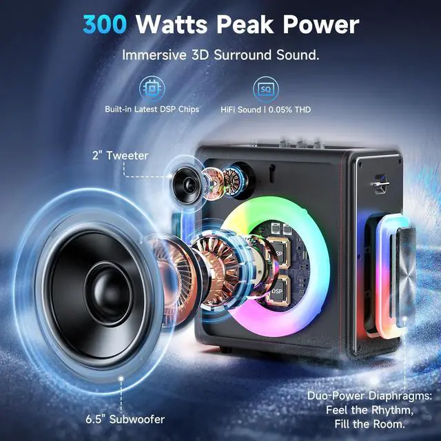 Alt view image 2 of 7 - Karaoke Machine, Portable Bluetooth 5.3 Speaker with 3 Wireless Microphones for Adults, 300W Retro Leather PA System with Pitch Correction, Supports TV/TWS/TF Card/USB/AUX/Live