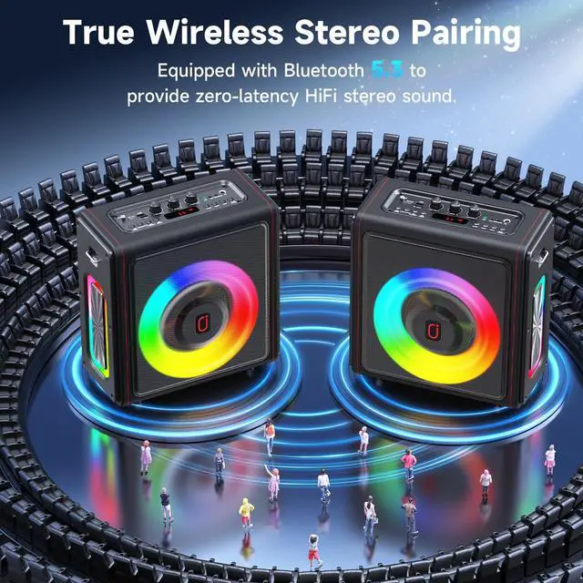 Alt view image 3 of 7 - Karaoke Machine, Portable Bluetooth 5.3 Speaker with 3 Wireless Microphones for Adults, 300W Retro Leather PA System with Pitch Correction, Supports TV/TWS/TF Card/USB/AUX/Live