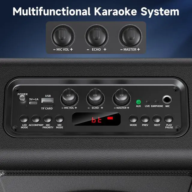 Alt view image 7 of 7 - Karaoke Machine, Portable Bluetooth 5.3 Speaker with 3 Wireless Microphones for Adults, 300W Retro Leather PA System with Pitch Correction, Supports TV/TWS/TF Card/USB/AUX/Live