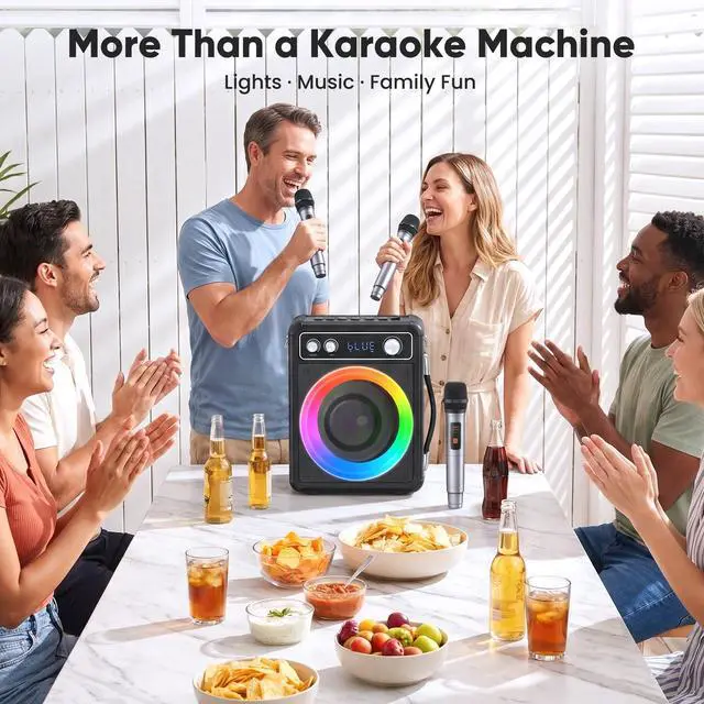 Alt view image 2 of 7 - Karaoke Machine, Bluetooth Speaker with 3 Rechargeable Microphones | 2026 Portable PA System for adults with LED Light, Supports TWS Echo TF USB AUX Inputs for Birthday Home Party Outdoor Travel