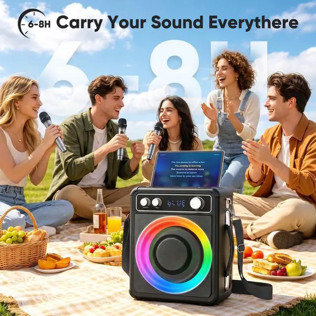Alt view image 3 of 7 - Karaoke Machine, Bluetooth Speaker with 3 Rechargeable Microphones | 2026 Portable PA System for adults with LED Light, Supports TWS Echo TF USB AUX Inputs for Birthday Home Party Outdoor Travel