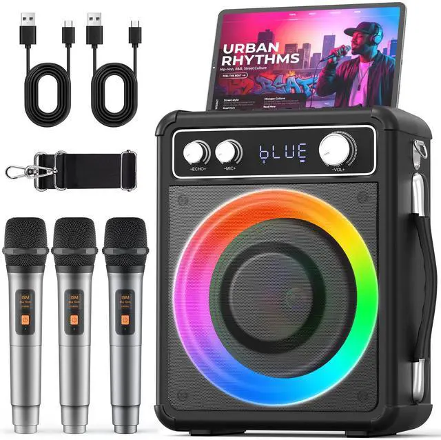 Main image of Karaoke Machine, Bluetooth Speaker with 3 Rechargeable Microphones | 2026 Portable PA System for adults with LED Light, Supports TWS Echo TF USB AUX Inputs for Birthday Home Party Outdoor Travel
