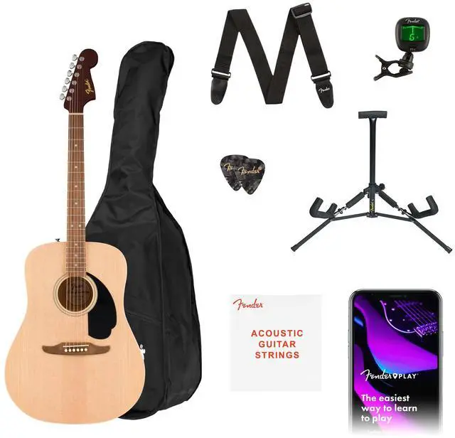Main image of California Debut Redondo Series Acoustic Guitar Starter Kit, Natural | Includes gig bag, stand, tuner, strap, picks, California Series dreadnought body, ideal for beginners