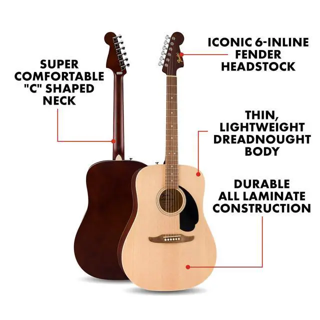 Alt view image 2 of 7 - California Debut Redondo Series Acoustic Guitar Starter Kit, Natural | Includes gig bag, stand, tuner, strap, picks, California Series dreadnought body, ideal for beginners