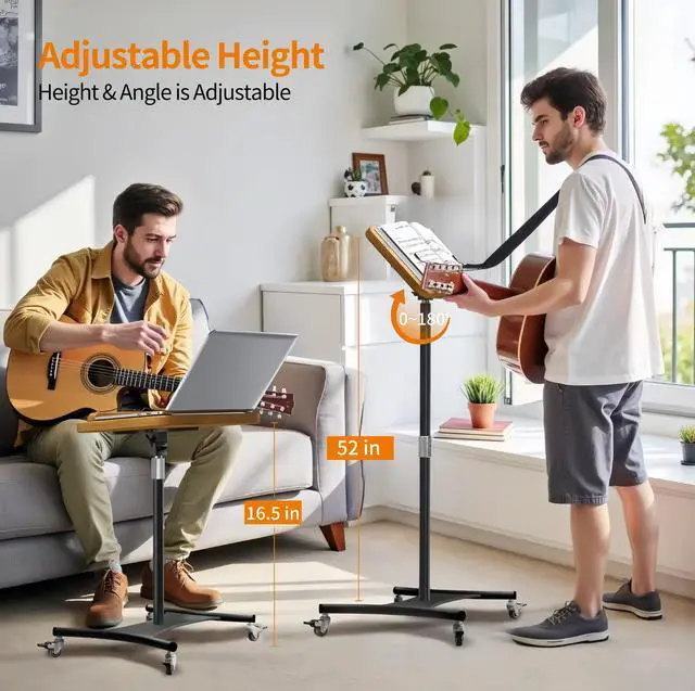 Alt view image 3 of 6 - 2-in-1 Dual-Use Music Stand & Tabletop Stand, 16.5"51" Height Adjustable | Portable Rolling Solid Wooden Music Stand for Sheet Music with Adjustable Tilting Angle, Page Holders, For Violin & Guitar