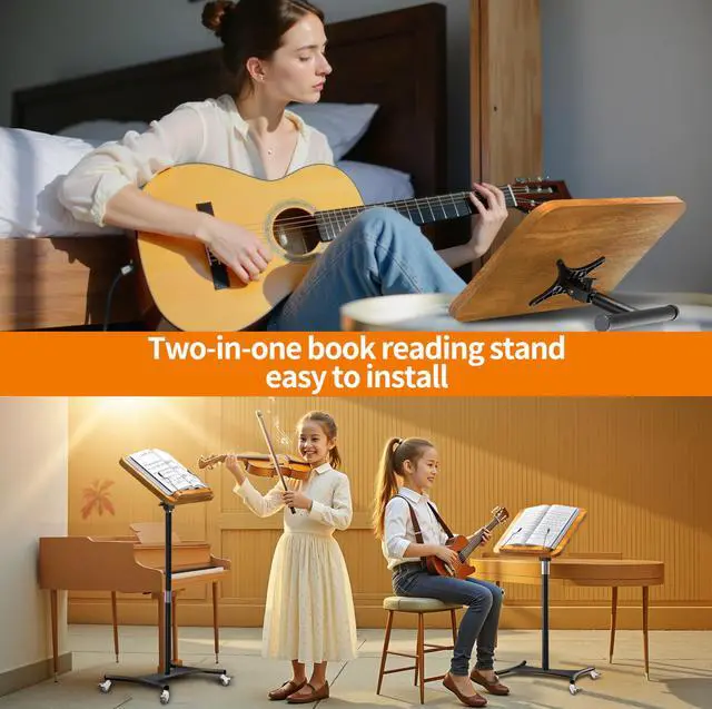 Alt view image 2 of 6 - 2-in-1 Dual-Use Music Stand & Tabletop Stand, 16.5"51" Height Adjustable | Portable Rolling Solid Wooden Music Stand for Sheet Music with Adjustable Tilting Angle, Page Holders, For Violin & Guitar