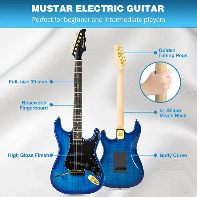 Alt view image 2 of 7 - 39 Inch Electric Guitar Kit, Full Size Solid Wood Electric Guitar | Blue Electric Guitar Kit with 25W Amplifier, Gig Bag, Capo, Strap, Cable, Picks, Birthday Holiday Gifts for Beginner