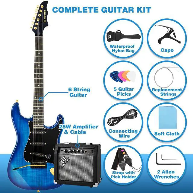 Alt view image 3 of 7 - 39 Inch Electric Guitar Kit, Full Size Solid Wood Electric Guitar | Blue Electric Guitar Kit with 25W Amplifier, Gig Bag, Capo, Strap, Cable, Picks, Birthday Holiday Gifts for Beginner