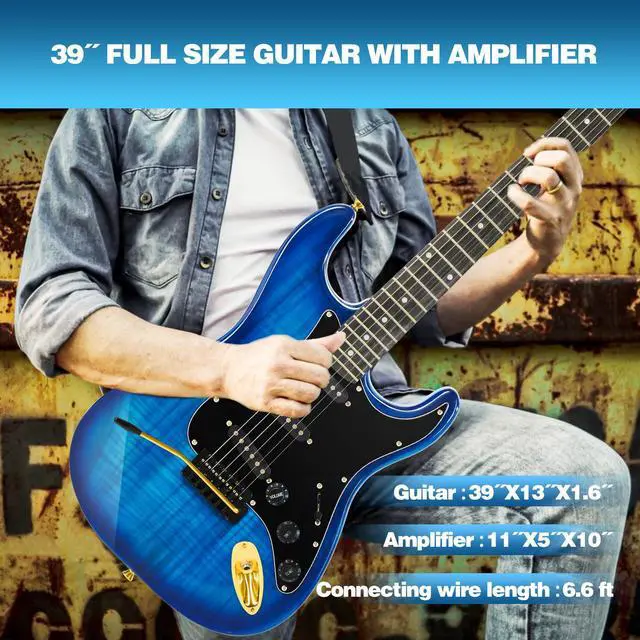 Alt view image 4 of 7 - 39 Inch Electric Guitar Kit, Full Size Solid Wood Electric Guitar | Blue Electric Guitar Kit with 25W Amplifier, Gig Bag, Capo, Strap, Cable, Picks, Birthday Holiday Gifts for Beginner