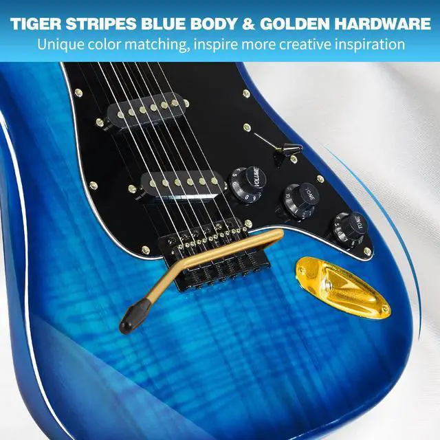 Alt view image 6 of 7 - 39 Inch Electric Guitar Kit, Full Size Solid Wood Electric Guitar | Blue Electric Guitar Kit with 25W Amplifier, Gig Bag, Capo, Strap, Cable, Picks, Birthday Holiday Gifts for Beginner