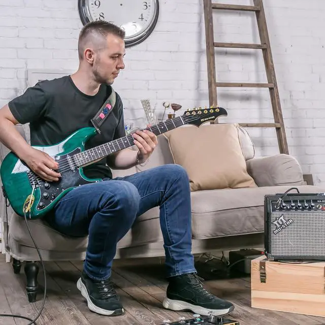 Alt view image 2 of 7 - Electric Guitar Kit with 25W Amplifier, 39 Inch Full Size Solid Wood Electric Guitar Beginner Kits, Gig Bag, Digital Tuner, Capo, Strap, Cable, Picks, Birthday Holiday Gifts (Green, MEG-100)