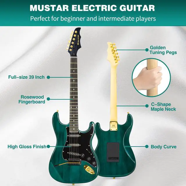 Alt view image 3 of 7 - Electric Guitar Kit with 25W Amplifier, 39 Inch Full Size Solid Wood Electric Guitar Beginner Kits, Gig Bag, Digital Tuner, Capo, Strap, Cable, Picks, Birthday Holiday Gifts (Green, MEG-100)