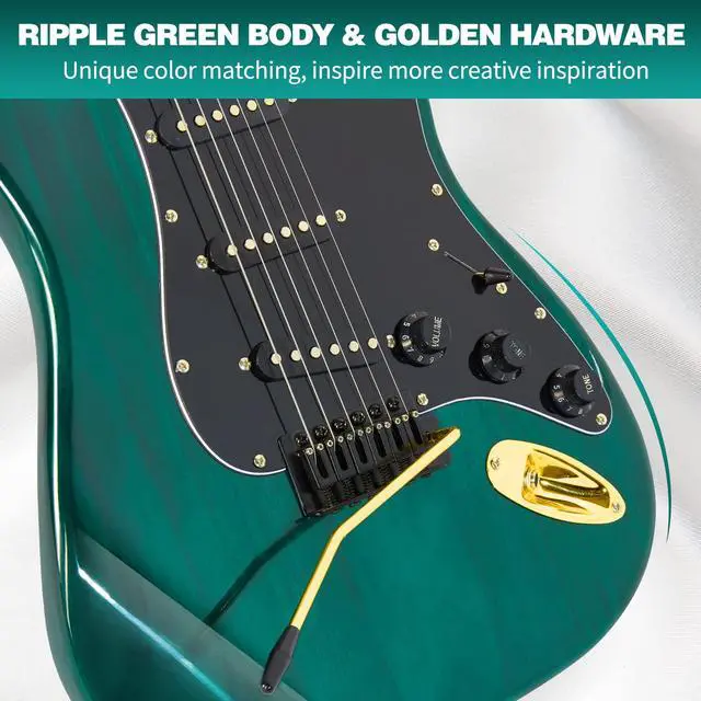 Alt view image 5 of 7 - Electric Guitar Kit with 25W Amplifier, 39 Inch Full Size Solid Wood Electric Guitar Beginner Kits, Gig Bag, Digital Tuner, Capo, Strap, Cable, Picks, Birthday Holiday Gifts (Green, MEG-100)
