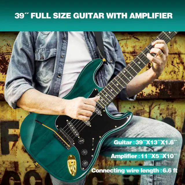 Alt view image 6 of 7 - Electric Guitar Kit with 25W Amplifier, 39 Inch Full Size Solid Wood Electric Guitar Beginner Kits, Gig Bag, Digital Tuner, Capo, Strap, Cable, Picks, Birthday Holiday Gifts (Green, MEG-100)