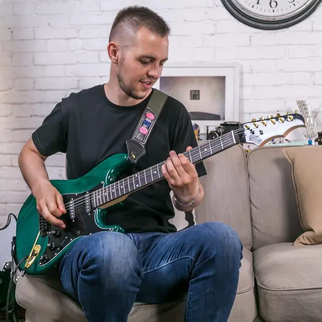 Alt view image 7 of 7 - Electric Guitar Kit with 25W Amplifier, 39 Inch Full Size Solid Wood Electric Guitar Beginner Kits, Gig Bag, Digital Tuner, Capo, Strap, Cable, Picks, Birthday Holiday Gifts (Green, MEG-100)