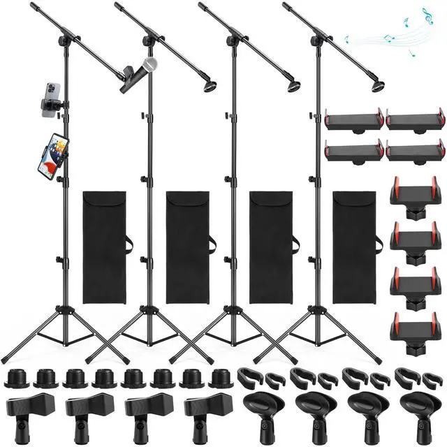 Main image of 4 Pcs Tripod Microphone Stand Boom Arm Floor Mic Stand with Carrying Bag and Mic Clips for Singing Stage Wedding Karaoke Church (Multifunctional Style)