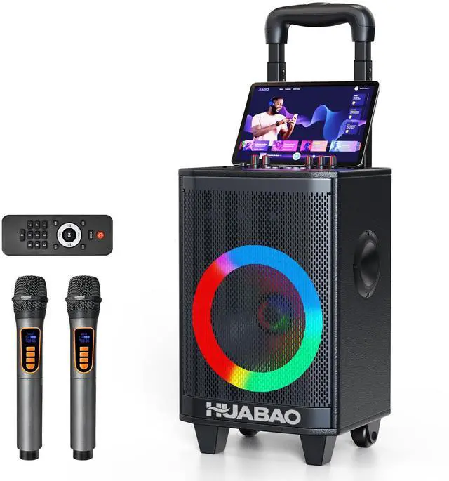 Main image of Portable Karaoke Machine with 2 Wireless Microphones, Bluetooth Speaker with Lights and Trolley Wheels, 6600mAh Rechargeable PA System, FM/AUX/USB/TF, Remote, Bass/Treble/Echo Adjust, Ideal for Party