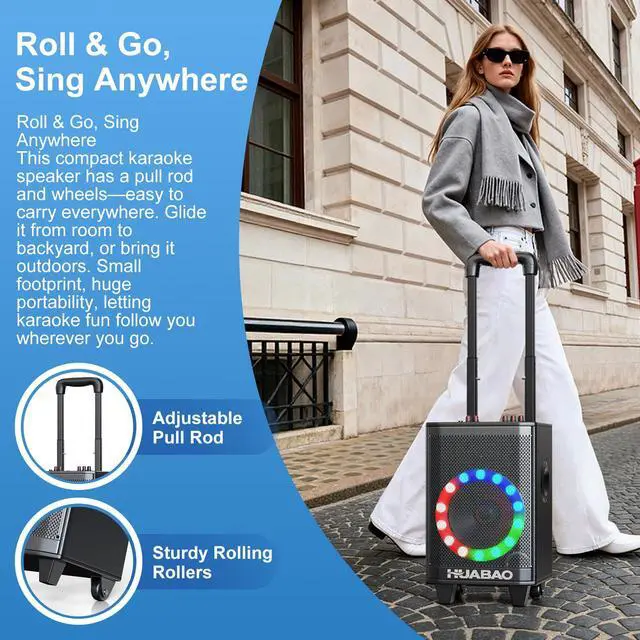 Alt view image 3 of 7 - Portable Karaoke Machine with 2 Wireless Microphones, Bluetooth Speaker with Lights and Trolley Wheels, 6600mAh Rechargeable PA System, FM/AUX/USB/TF, Remote, Bass/Treble/Echo Adjust, Ideal for Party