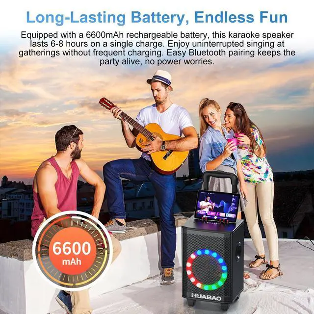 Alt view image 6 of 7 - Portable Karaoke Machine with 2 Wireless Microphones, Bluetooth Speaker with Lights and Trolley Wheels, 6600mAh Rechargeable PA System, FM/AUX/USB/TF, Remote, Bass/Treble/Echo Adjust, Ideal for Party