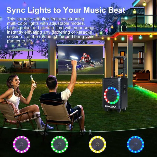 Alt view image 5 of 7 - Portable Karaoke Machine with 2 Wireless Microphones, Bluetooth Speaker with Lights and Trolley Wheels, 6600mAh Rechargeable PA System, FM/AUX/USB/TF, Remote, Bass/Treble/Echo Adjust, Ideal for Party