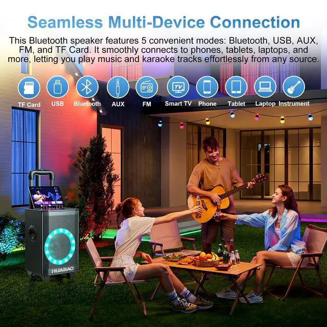 Alt view image 7 of 7 - Portable Karaoke Machine with 2 Wireless Microphones, Bluetooth Speaker with Lights and Trolley Wheels, 6600mAh Rechargeable PA System, FM/AUX/USB/TF, Remote, Bass/Treble/Echo Adjust, Ideal for Party