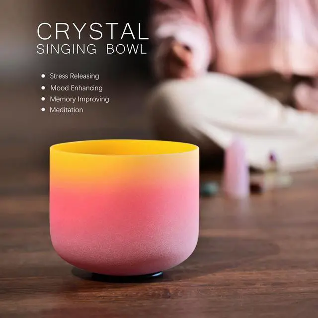 Alt view image 3 of 7 - 440HZ 8 Inch Rainbow Colored E Note Solar Plexus Chakra Frosted Quartz Crystal Singing Bowl for Sound Healing and Meditation